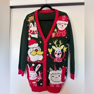 Soft Knit Festive Christmas Cardigan with Santa and Reindeer Red and Green L